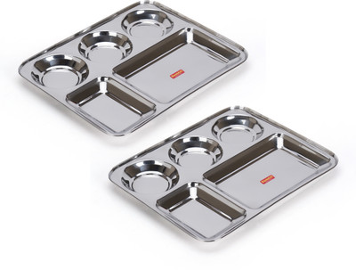 Sumeet Stainless Steel Rectangular 5 in 1 Compartment Lunch / Dinner Plate, 37.4cm Sectioned Plate(Pack of 2)