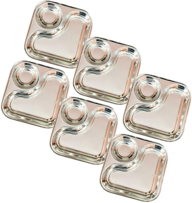maps stainless steel Plate 2 IN 1/ Fancy Heavy Duty Stainless Steel Compartment Tray/ Size= 21x21 CM Sectioned Plate(Pack of 6, Microwave Safe)