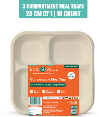 ECO SOUL Disposable Bagasse 3 Compartment Meal Tray(Pack of 10, Microwave Safe)