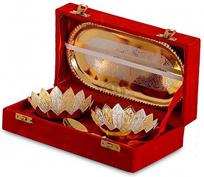 Dsh Two Tone Floral Bowl Set With Spoon And Tray Use Home Decor Item With Velvet Box Tray(Microwave Safe)