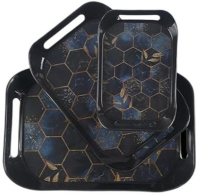 Sorath Plastic Serving Tray Set – Black & Gold | Multipurpose | Set of 3 Tray(Pack of 3, Microwave Safe)