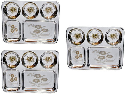 Kapalin BHOJAN THALI SET OF 3 PIECES 5 COMPARTMENTS EACH Sectioned Plate Dinner Plate(Pack of 3, Microwave Safe)