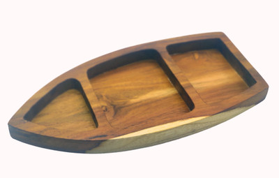 AppEasy Wooden Boat Shape Serving Tray/Platter for Snacks, Fruits (3 Section-1 Pc) Chip & Dip Tray