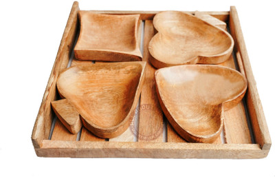 All About Wood Playing Cards Shapped Dry-Fruit/Snacks Serving Bowls with Tray (Mango Wood) Tray
