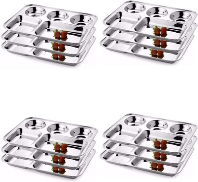 KARFE Steel Plate Bhojan Thali Mess Tray Bhandara Plate 3 in 1 Compartment Set (2 Sectioned Plate(Pack of 12)