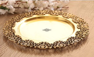 INDIAN ART VILLA Brass Matt Finished Decorative Round Shape Designer Tray Tray