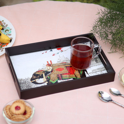 DULI DECO Painted Enamel Coated Multipurpose Rectangle Tray in MDF | Serving Tray for Home & Kitchen Use| Dining Table Tray| Multipurpose Tray | Tray for Café & Restaurants (White Elephant 12x8 inch) Tray