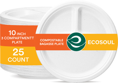 ECO SOUL Round 10 inch 3 Compartments Compostable Bagasse (25 cm) Dinner Plate(Pack of 25, Microwave Safe)