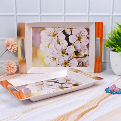 U.P.C. Melamine White Flower Print Serving Tray, Set of 2 (Medium and Large Size) Rosseate Series Tray Tray(Pack of 2, Microwave Safe)