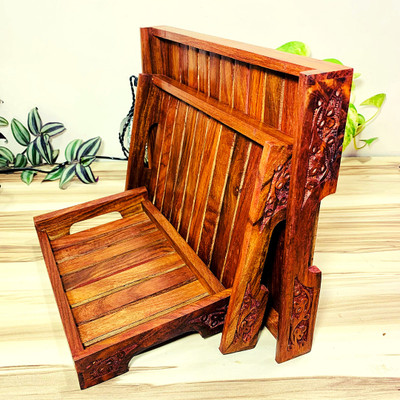 HomeFrills Sheesham Wood carved design Serving Platter/Trays with Handles Set of 3 Tray(Pack of 3, Microwave Safe)