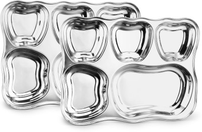 Classic Essentials Stainless Steel Lunch Dinner Plate, Apple Design Bhojan Thali 5in1 Compartments Dinner Plate(Pack of 2)