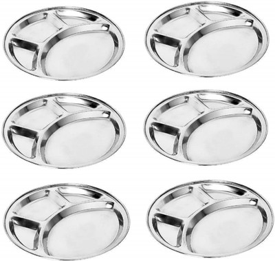 NARV Pack of 6 Stainless Steel Stainless Steel Round Plate - 4 Partition Lunch, Dinner, Bhojan, Thali Plates K1 Dinner Set(Silver, Microwave Safe)