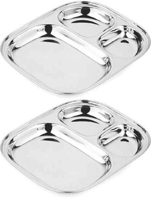 FORTUNE BLU 3 in 1 Stainless Steel Plates with Compartments Dinner Plate(Pack of 2)
