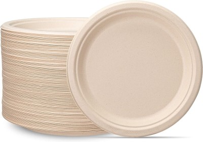 ACE AGRI Biodegradable,Compostable,Ecofriendly,Round Shape Sugarcane Bagasse Disposable Dinner Plate(Pack of 50, Microwave Safe)