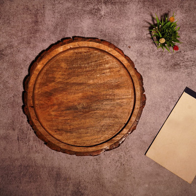 TFS Round Mango Wood Natural Bakkal Serving Tray for Kichen/Restaurant/Office Tray
