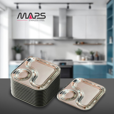 maps stainless steel Plate 2 IN 1 /PavBhaji Plate/ Fancy Heavy Duty Stainless Steel Compartment Tray/ Sectioned Plate(Pack of 6, Microwave Safe)