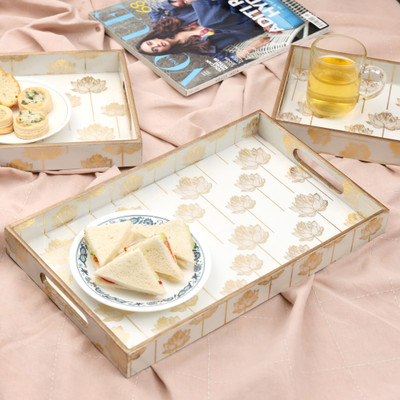 DULI Set of 3 Gold Lotus Design Serving Tray for Diwali & Festive Gifts Tray(Pack of 3)