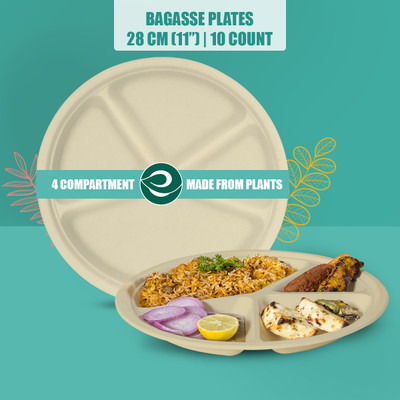ECO SOUL Disposable Bagasse 4 Compartment Meal Tray(Pack of 10, Microwave Safe)