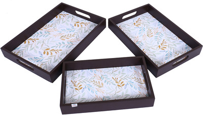 Heart Home Wooden Leaf Design Farmhouse Platter|Rectangular Shape ,Set of 3 (Brown) Tray(Pack of 3)