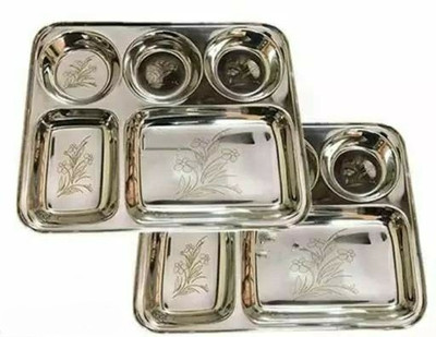 MUKTIDAYA ENTERPRISES Stainless Steel Laser Partition Plate 5 x1 / Bhojan / Dinner Plate Set of 2 Sectioned Plate(Pack of 2, Microwave Safe)
