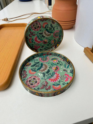 heirloom home Pink Flower Print Round Wooden Tray Set Tray(Pack of 2)