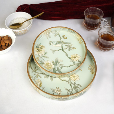 Dreams n Decor MDF Wooden Round Serving Tray|Handcrafted Aqua Gold Birds|Set of 2|Enamel Coated Tray(Pack of 2)