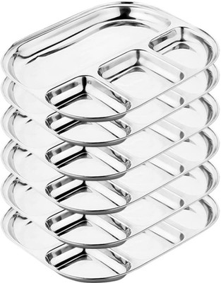 Dynore Stainless Steel 4 IN 1 Four Compartment Nasta/Dinner/Partition Plate Sectioned Plate(Pack of 6)