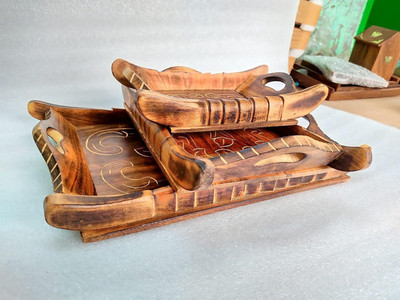 S F ENTERPRISES Wooden Serving Tray, Tea/Coffee, Snacks Tray Set for Table & Kitchen Tray(Pack of 3)