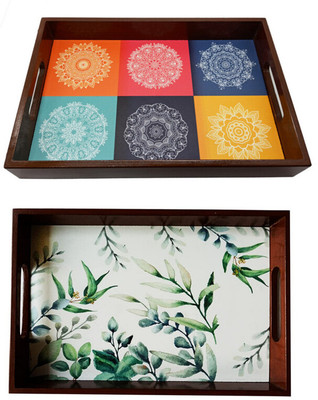 Angira handicrafts Wooden tray set of 2 with UV print|Serving Tray|Multipurpose Tray|AHS-T1871 Tray(Pack of 2)