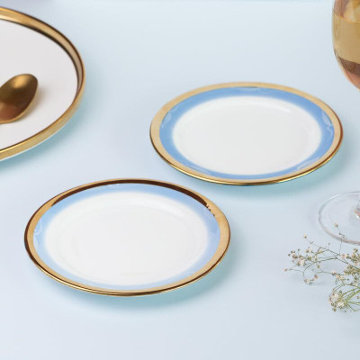 The June shop Gold & Aqua Tone Snack Plate (Light Blue) Chip & Dip Tray(Microwave Safe)