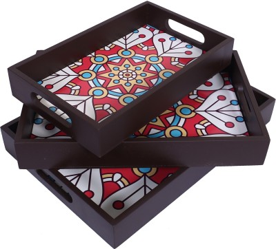 KUBER INDUSTRIES Wooden Mandala Square Design Farmhouse Platter|Rectangular Shape,Set of 3(Brown) Tray(Pack of 3)