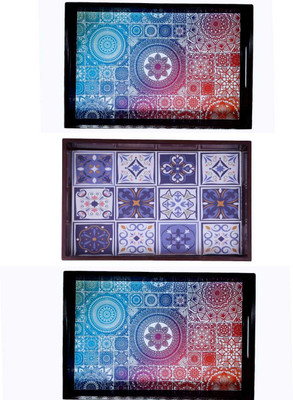 Espoir bloom Wooden tray set of 3 with UV print|Serving Tray|Multipurpose Tray|EB-T566 Tray(Pack of 3)