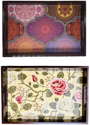 Angira handicrafts Wooden tray set of 2 with UV print|Serving Tray|Multipurpose Tray|AHS-T1309 Tray(Pack of 2)