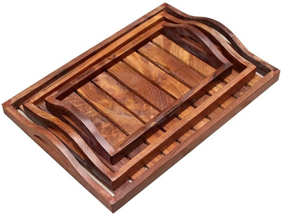 ZENCETTO Wooden Tray with Handle for Serving Beverages Tea Dessert Dinner Tray(Pack of 3, Microwave Safe)