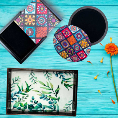 Espoir bloom Wooden storage and serving set combo of tray,square box and Round Box EB-TDR049 Tray(Pack of 3)