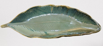 Your Local Store Bottle Green Color Ceramic Leaf Shaped Designer Serving Snacks Platter Chip & Dip Tray(Pack of 2, Microwave Safe)