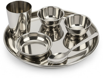 LAGET Pack of 6 Stainless Steel Stainless Steel Dinner Thali Set – 6 Pcs Plate, Glass, Bowls & Spoon Dinner Set(Silver, Microwave Safe)