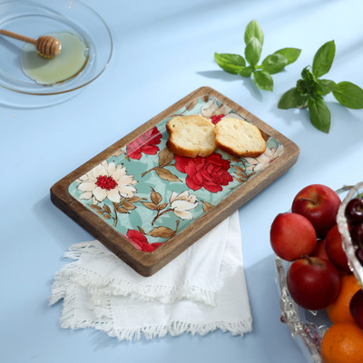 DULI Serving Platter in Mango wood Flower Print for Home & Dining Table 10x6 inch Tray