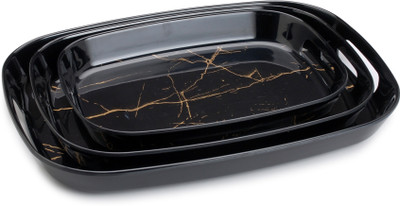 Dinewell MAPPLE TRAY SET BLACK STATIC GOLD Tray(Pack of 3)