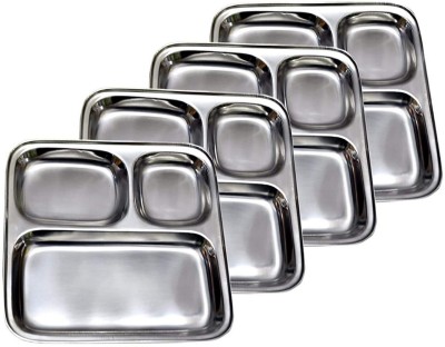 HM EVOTEK Pack of 4 Stainless Steel Stainless Steel Plates with Compartments Pav Bhaji Plates Breakfast Plates K3 Dinner Set(Silver, Microwave Safe)