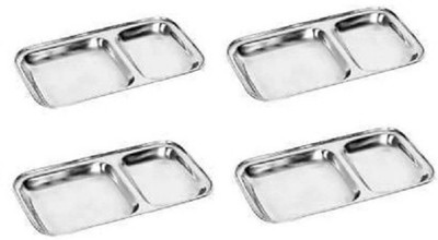 Dynore Stainless Steel 2 IN 1 Two Compartment Nasta/Dinner Plate- Set of 4 Sectioned Plate(Pack of 4)