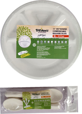 Freshee 4 Compartment 11inch Round Plates With Spoon Set of 20 Dinner Plate