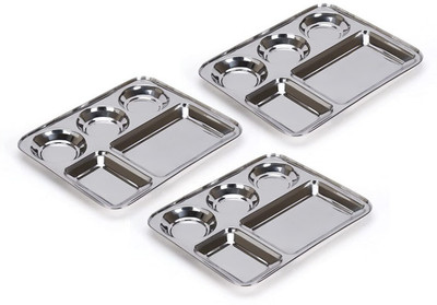 LolyKitch Stainless Steel Rectangular 5 in 1 Compartment/Dinner Plate Set of 3 Pcs Dinner Plate(Pack of 3, Microwave Safe)