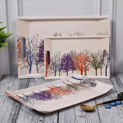 U.P.C. Melamine Multicolor Tree Print Serving Tray, Set of 3 (Small, Medium and Large Size) Ocean Series Tray(Pack of 3, Microwave Safe)