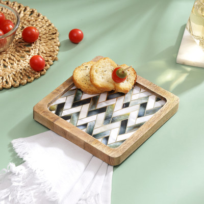 DULI Serving Platter in Mango wood Zigzag Print for Home & Dining Table 6x6 inch Tray