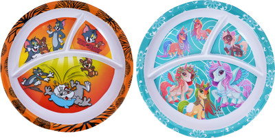 Vishika Store Tom-Jerry & Unicorn Printed Melamine Kids Round Plate 3 Sectioned Plate(Pack of 2, Microwave Safe)