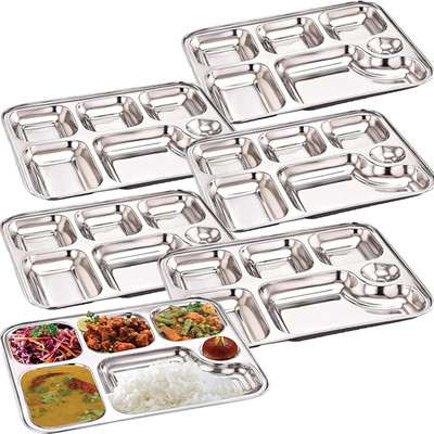 NARV Pack of 6 Stainless Steel 6 in 1 Stainless Steel Plates with Compartments Bhojan Thali Set for Lunch K1 Dinner Set(Silver, Microwave Safe)