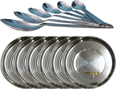 SHINI LIFESTYLE Steel Plate, khumcha Thali, laser design, Dinner Plate 6pc with Spoon Set Dinner Plate(Pack of 12)