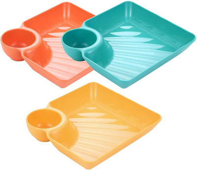 DORMICO 2pcs Plastic Dumpling Plates with Sauce Compartment Square Serving Plates Chip & Dip Tray(Pack of 3, Microwave Safe)