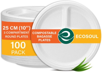 ECO SOUL Round 10 inch 3 Compartments Compostable Bagasse (25 cm) Dinner Plate(Pack of 100, Microwave Safe)